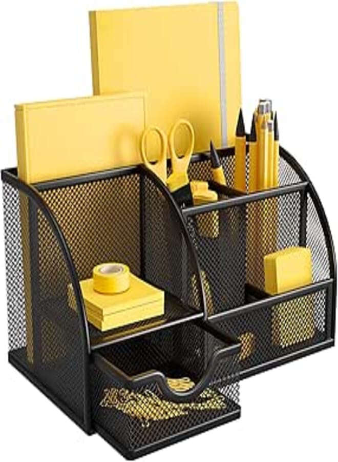 BONITA Mesh Desk Organizer Office Supplies Multi-Functional Caddy Pen Holder Stationery Organizer for Office, Home, School, Classroom (6 Compartments and 1 Drawer)